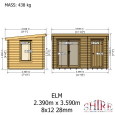 8Gx12 Shire Elm Log Cabin with Side Shed in 19mm Logs - dimensions