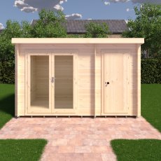 8Gx12 Shire Elm Log Cabin with Side Shed in 19mm Logs - in situ, front view, doors closed