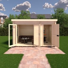 8Gx12 Shire Elm Log Cabin with Side Shed in 19mm Logs - in situ, front view, doors open