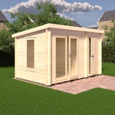 8Gx12 Shire Elm Log Cabin with Side Shed in 19mm Logs - in situ, side angle view, doors closed