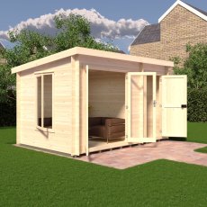 8Gx12 Shire Elm Log Cabin with Side Shed in 19mm Logs - in situ, side angle view, doors open