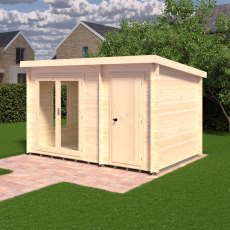 8Gx12 Shire Elm Log Cabin with Side Shed in 19mm Logs - in situ, angle view, doors closed