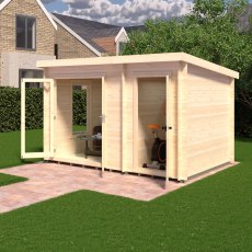 8Gx12 Shire Elm Log Cabin with Side Shed in 19mm Logs - in situ, angle view, doors open