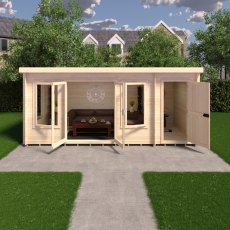 8Gx17 Shire Elm Log Cabin with Side Shed in 19mm Logs - in situ, front view, doors open