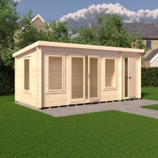 8Gx17 Shire Elm Log Cabin with Side Shed in 19mm Logs - in situ, side angle view