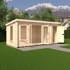 8Gx17 Shire Elm Log Cabin with Side Shed in 19mm Logs - in situ, side angle view, doors open