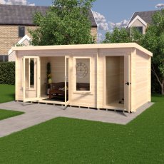 8Gx17 Shire Elm Log Cabin with Side Shed in 19mm Logs - in situ, angle view, doors open