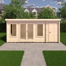 8Gx17 Shire Elm Log Cabin with Side Shed in 19mm Logs - in situ, front view, doors closed