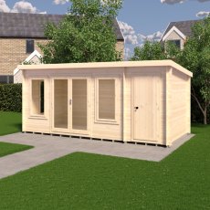 8Gx17 Shire Elm Log Cabin with Side Shed in 19mm Logs - in situ, angle view, doors closed