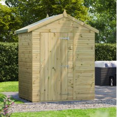 4x6 Powersheds Premium Tongue & Groove Apex Wooden Shed - Pressure Treated - in situ, windowless angle view
