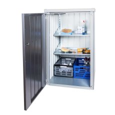 Biohort Alex Single Wheelie Bin Store - Doors fully open with bin tilted forward (showing lid mechanism if visible).