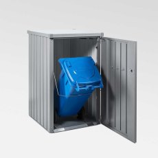 Biohort Alex Single Wheelie Bin Store - front view, doors open with bin inside.
