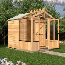 8x6 Shire Holkham Combi Greenhouse with Shed - in situ, angle view, doors open