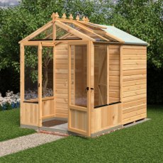 8x6 Shire Holkham Combi Greenhouse with Shed - in situ, side angle view, doors open
