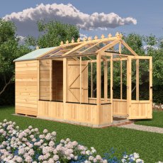 12x6 Shire Holkham Combi Greenhouse with Shed - in situ, angle view, doors open