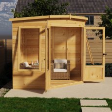 7x7 Shire Ramsey Corner Summerhouse - in situ, side view, doors open