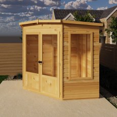 7x7 Shire Ramsey Corner Summerhouse - in situ, side view, doors closed