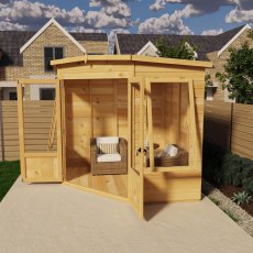 7x7 Shire Ramsey Corner Summerhouse - in situ, side view, doors open