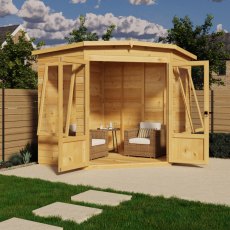 7x7 Shire Ramsey Corner Summerhouse - in situ, front view, doors open