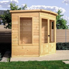 8x8 Shire Ramsey Corner Summerhouse - in situ, side angle view