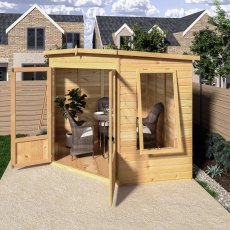 8x8 Shire Ramsey Corner Summerhouse - in situ, side view, doors open