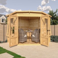8x8 Shire Ramsey Corner Summerhouse - in situ, front view, doors open