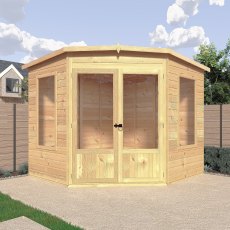 8x8 Shire Ramsey Corner Summerhouse - in situ, front view, doors closed