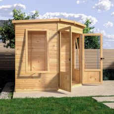 8x8 Shire Ramsey Corner Summerhouse - in situ, side angle view, doros open