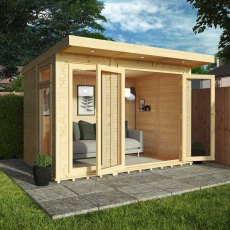 3mx2m Mercia Insulated Garden Room - in situ, angle view, doors open