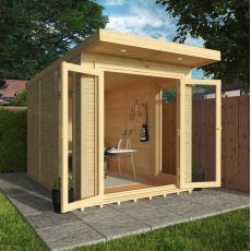 2m x 3m Mercia Insulated Garden Room - in situ, angle view, doors open