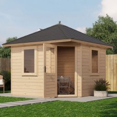 10x10 Lugarde Select Sidmouth Summerhouse in 44mm Wall Thickness (3m x 3m) - in situ, angle view, doors open
