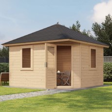 12x12 Lugarde Select Scarborough Summerhouse in 44mm Wall Thickness (3.6m x 3.6m) - in situ, angle view, doors open