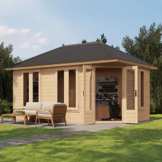 16x10 Lugarde Select Falkirk Summerhouse in 44mm Wall Thickness (4.8m x 3m) - in situ, angle view, doors open