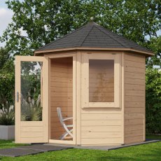 8x8 Lugarde Select Elgin Summerhouse in 28mm Wall Thickness (2.4m x 2.4m) - in situ, angle view, doors open