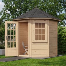 8x8 Lugarde Select Linlithgow Summerhouse in 28mm Wall Thickness (2.4m x 2.4m) - in situ, angle view, doors open