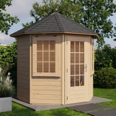 8x8 Lugarde Select Linlithgow Summerhouse in 28mm Wall Thickness (2.4m x 2.4m) - in situ, side view