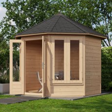 10x10 Lugarde Select Helensburgh Summerhouse in 28mm Wall Thickness (3m x 3m) - in situ, angle view, doors open