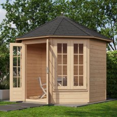 10x10 Lugarde Select Arran Summerhouse in 28mm Wall Thickness (3m x 3m) - in situ, angle view, doors open
