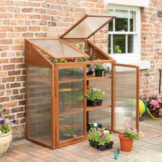 4x2 Rowlinson Hardwood Mini Greenhouse - in situ, angle view, doors open