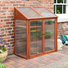 4x2 Rowlinson Hardwood Mini Greenhouse - in situ, angle view, doors closed