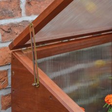 4x2 Rowlinson Hardwood Mini Greenhouse - in situ, hinge