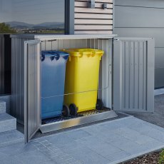 Biohort Alex Double Wheelie Bin Store - in situ, angle view, doors open