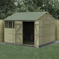10x10 Forest 4Life Reverse Apex Shed with Double Doors - in situ, angle view, doors open