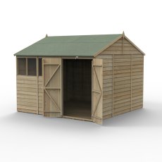 10x10 Forest 4Life Reverse Apex Shed with Double Doors - in situ, isolated angle view, door open