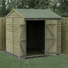 7x7 Forest 4Life Reverse Apex Windowless Shed with Double Doors - in situ, angle view, doors open