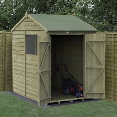 7x5 Forest 4Life Reverse Apex Shed with Double Doors - in situ, angle view, doors open