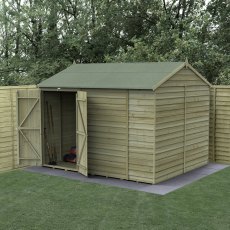 10x8 Forest 4Life Reverse Apex Windowless Shed with Double Doors - in situ, angle view