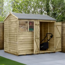 8x6 Forest 4Life Reverse Apex Shed with Double Doors - in situ, angle view