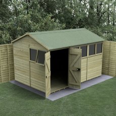 Forest Timberdale reverse apex wooden shed 12x8 exterior angled view with double doors open