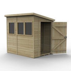 7x5 Forest Timberdale Tongue and Groove Pent Shed with Three Windows - isolated angle view, doors open